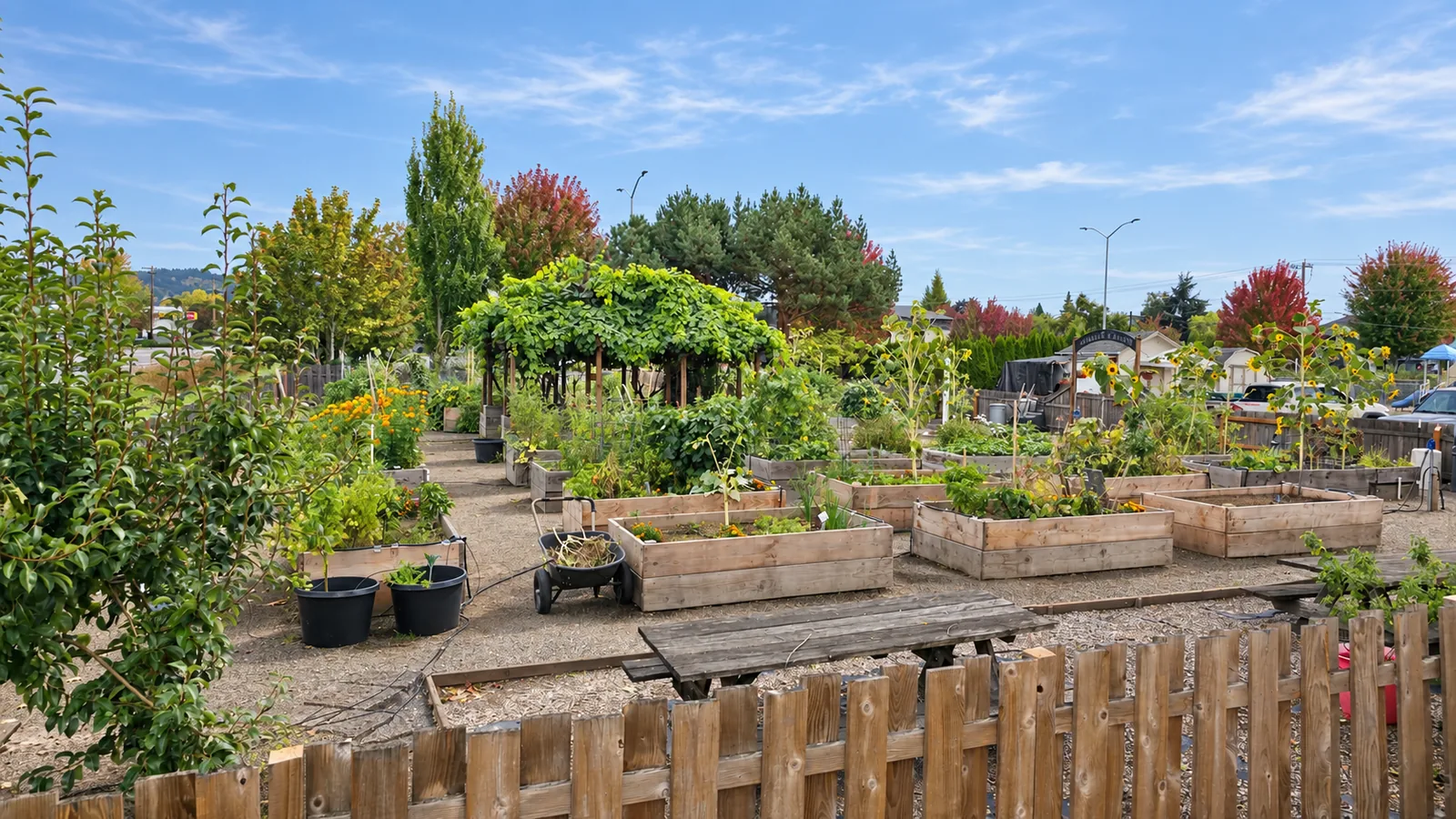 Flowers and raised garden beds beneath a vine-covered arbor.